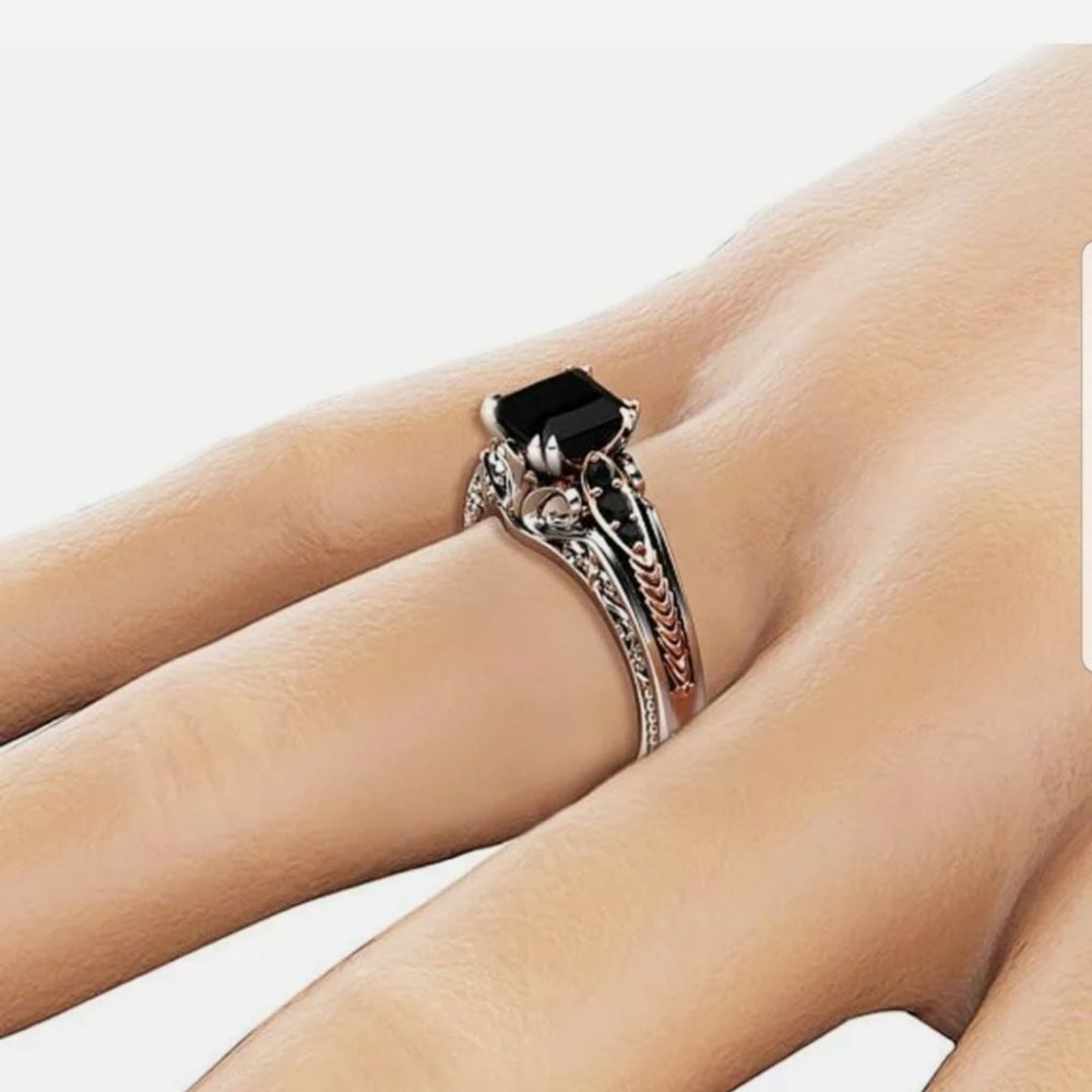 Brand New two tone silver/gold black sapphire ring